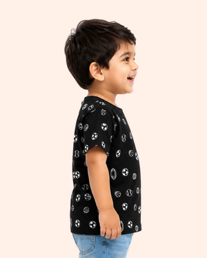 Black All-Over Printed Kids T-Shirt – Soft Cotton Casual Summer Wear for Boys BloomUp