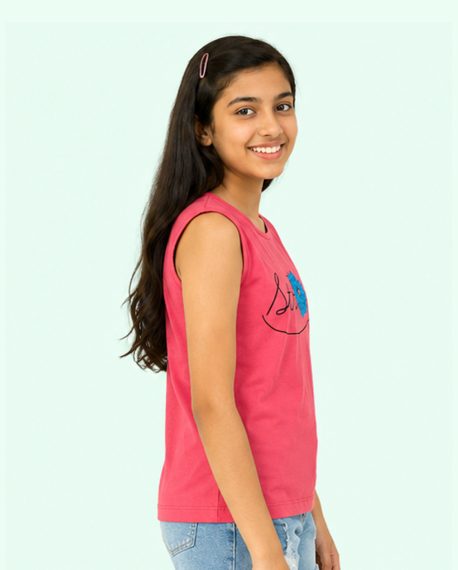 Pink Strong Floral Graphic Sleeveless Top for Girls – Soft Cotton Summer Wear Kids Tank Top BloomUp