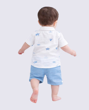 White Embroidery Shirt & Blue Shorts Kids Co-ord Set – Soft Cotton Summer Wear for Boys BloomUp
