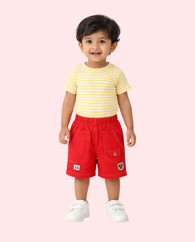 Spark Kids Red Cotton Cargo Shorts with Bear Patch | Comfortable Casual Summer Shorts for Boys Spark