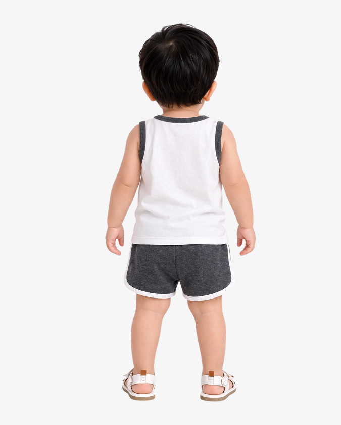 Grey Car Print Sleeveless Kids Co-ord Set – Soft Cotton Summer Wear for Boys BloomUp