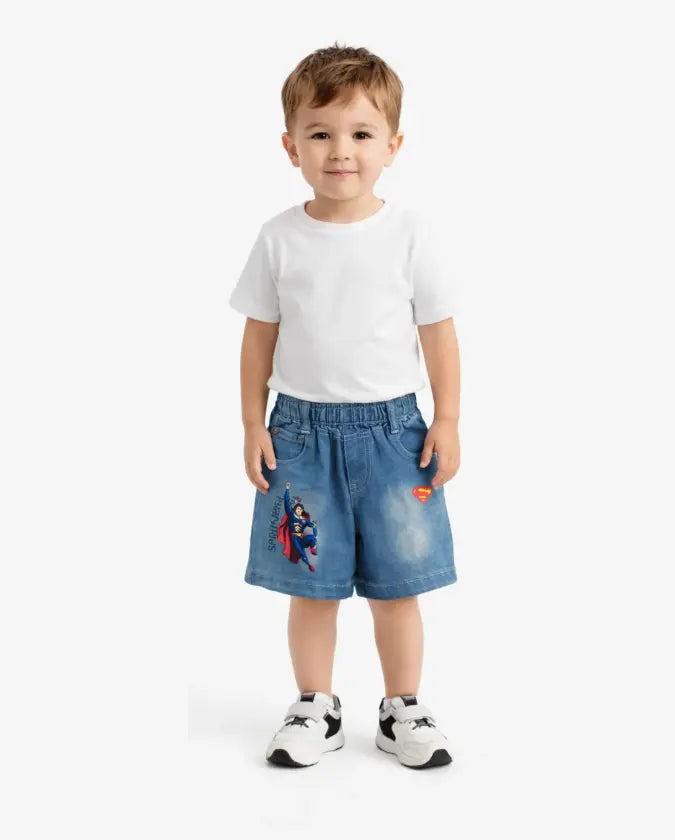 Spark Kids Superhero Print Denim Shorts | Blue Cotton Elastic Waist Casual Shorts for Boys Spark