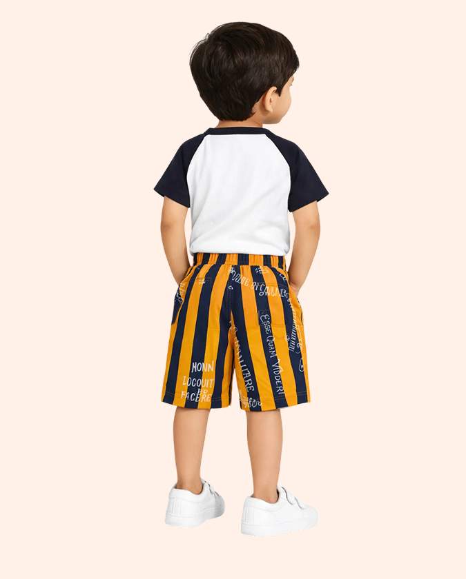 White Graphic T-Shirt & Mustard Striped Shorts Co-ord Set for Boys – Soft Cotton Summer Kids Outfit BloomUp