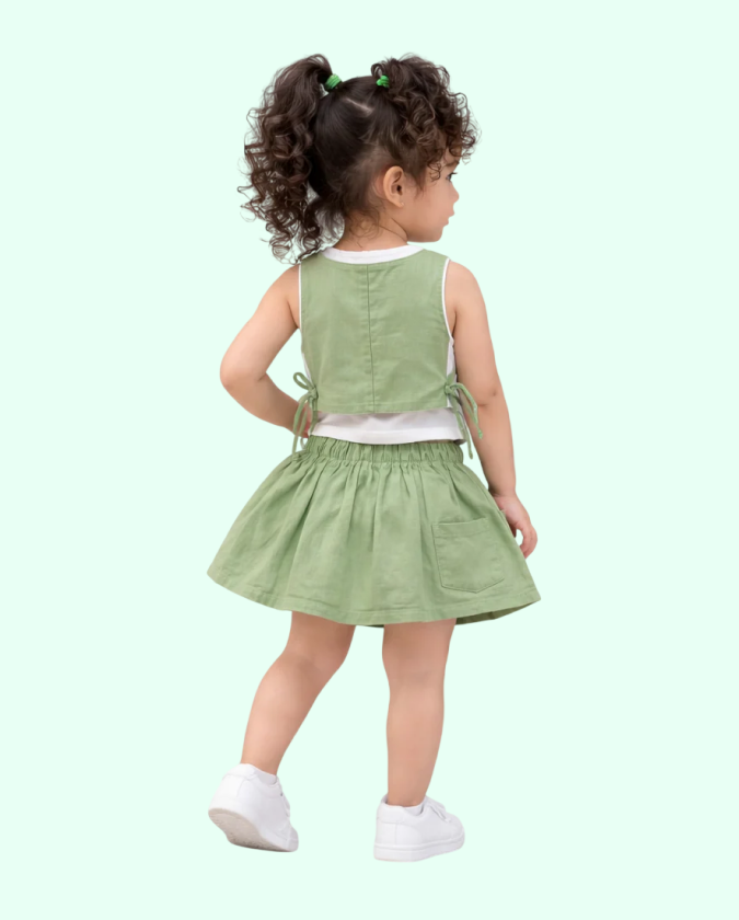 Ice Green Girls Co-ord Set – Soft Cotton Tie-Up Top & Skirt Summer Outfit BloomUp
