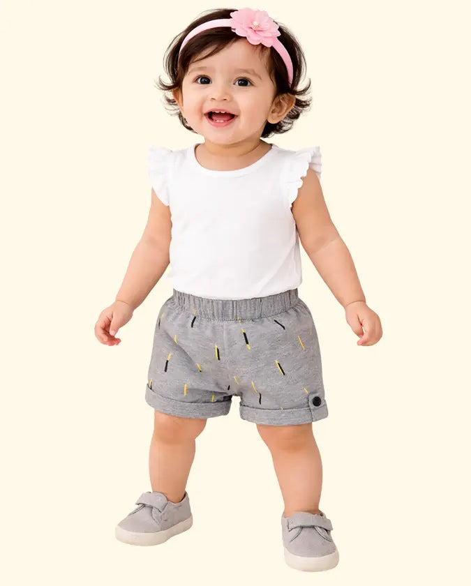 Bloomup Kids Graphic Shorts - Grey with Yellow and Black Embroidered Design Bloom Up