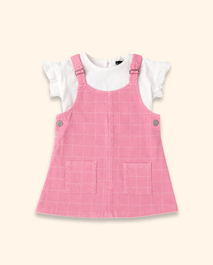 Baby Girls Pink Checkered Pinafore Dress Set with Ruffle Sleeve Top BloomUp