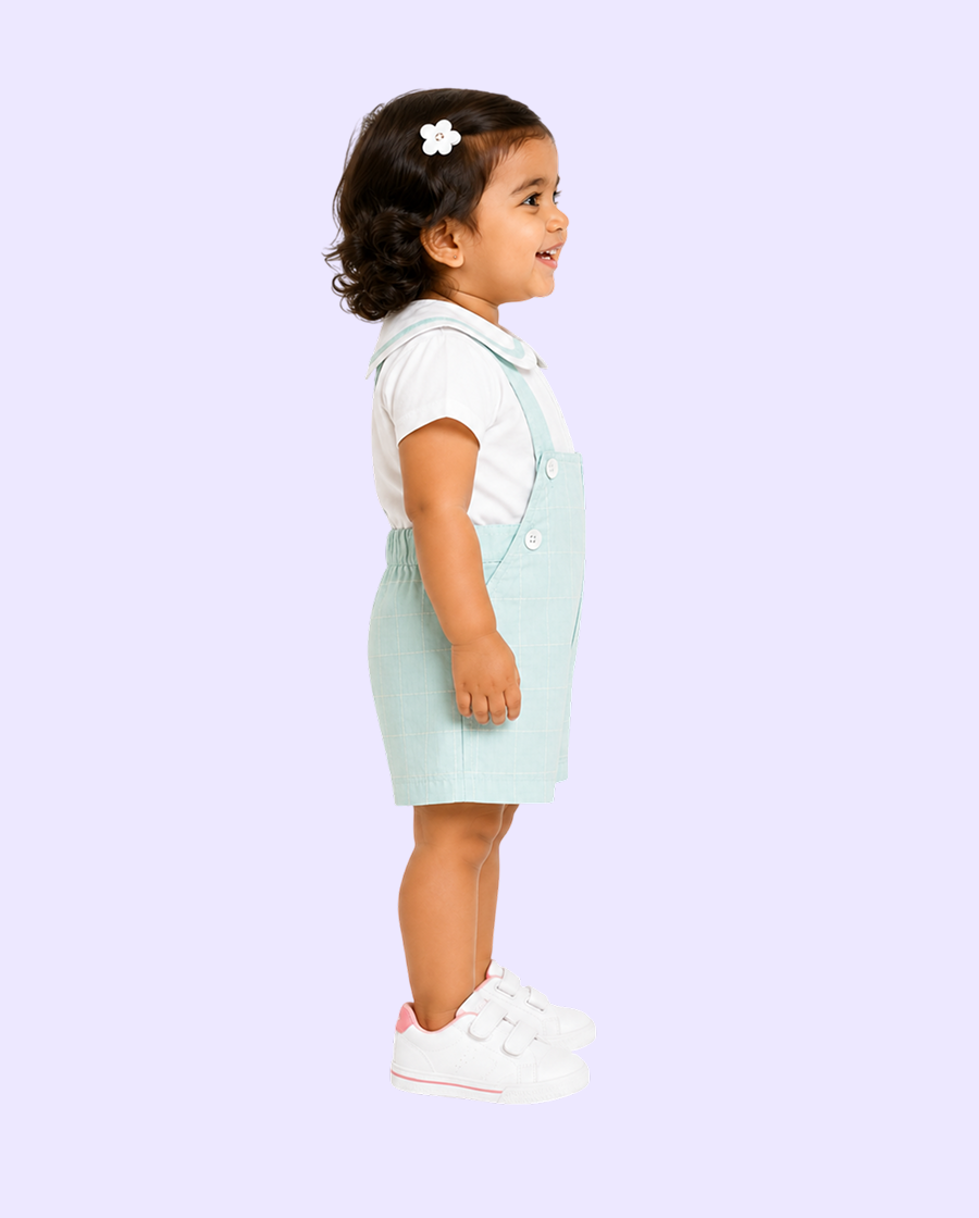 Baby Girls Mint Green Dungaree Shorts Set with Peter Pan Collar Shirt BloomUp