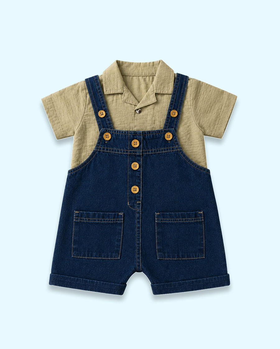 Baby Denim Dungaree Shorts Set with Pistachio Polo T-Shirt BloomUp