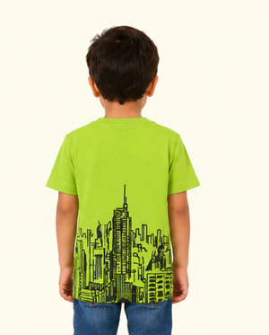 Green Front & Back Graphic Kids T-Shirt – City Print Cotton Summer Wear for Boys BloomUp