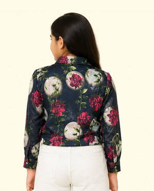 Girls Floral Printed Denim Shirt – Soft Cotton Full Sleeve Casual Kids Wear Top BloomUp