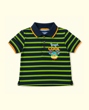 Navy & Green Striped Polo Kids T-Shirt with Graphic Print – Soft Cotton Summer Wear for Boys BloomUp