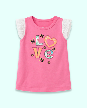 Pink “Love” Graphic Sleeveless Kids T-Shirt – Soft Cotton Lace Shoulder Summer Wear for Girls BloomUp