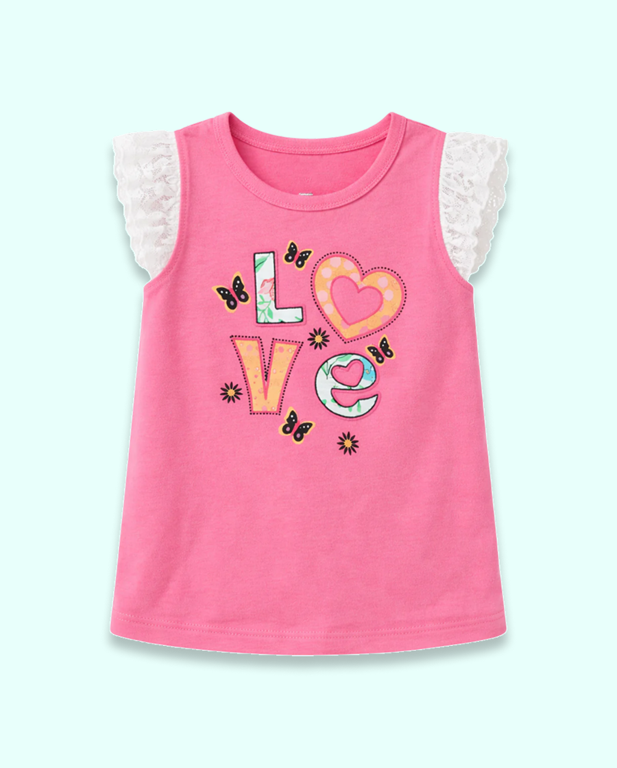 Pink “Love” Graphic Sleeveless Kids T-Shirt – Soft Cotton Lace Shoulder Summer Wear for Girls BloomUp