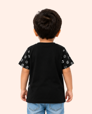 Black All-Over Printed Kids T-Shirt – Soft Cotton Casual Summer Wear for Boys BloomUp