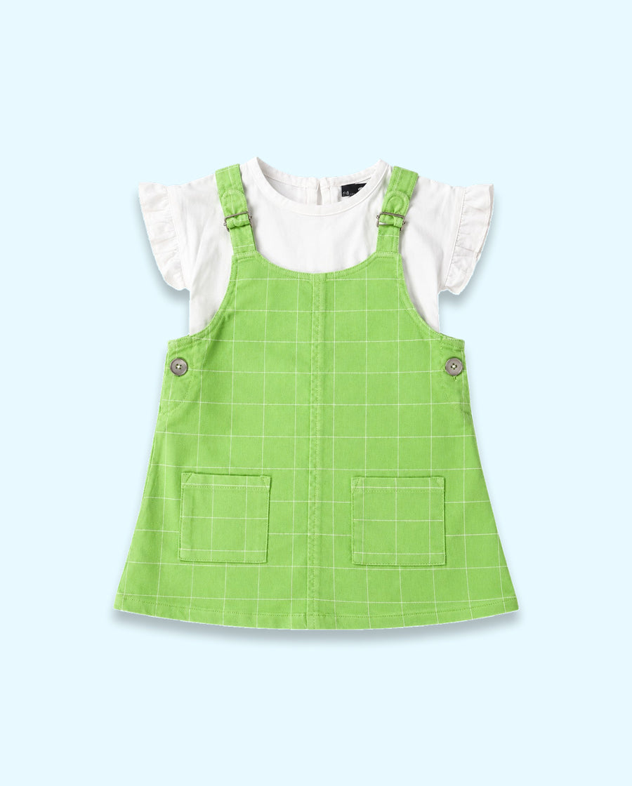 Baby Girls Lime Green Pinafore Dress Set with White Full Sleeve Top BloomUp