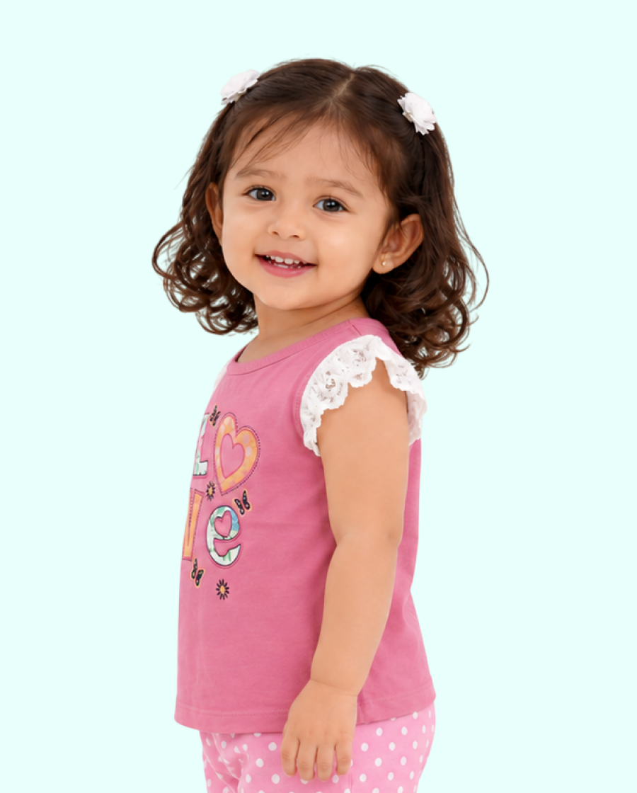Pink “Love” Graphic Sleeveless Kids T-Shirt – Soft Cotton Lace Shoulder Summer Wear for Girls BloomUp