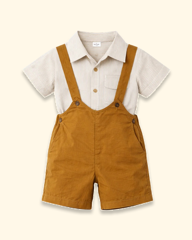 Toffee Suspender Shorts with Striped Shirt Kids Co-ord Set – Soft Cotton Summer Outfit for Boys BloomUp