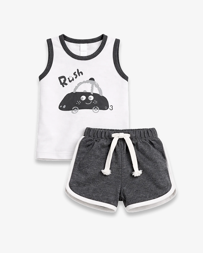 Grey Car Print Sleeveless Kids Co-ord Set – Soft Cotton Summer Wear for Boys BloomUp