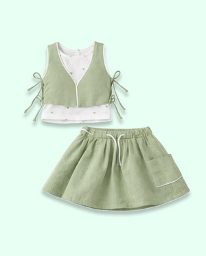 Ice Green Girls Co-ord Set – Soft Cotton Tie-Up Top & Skirt Summer Outfit BloomUp