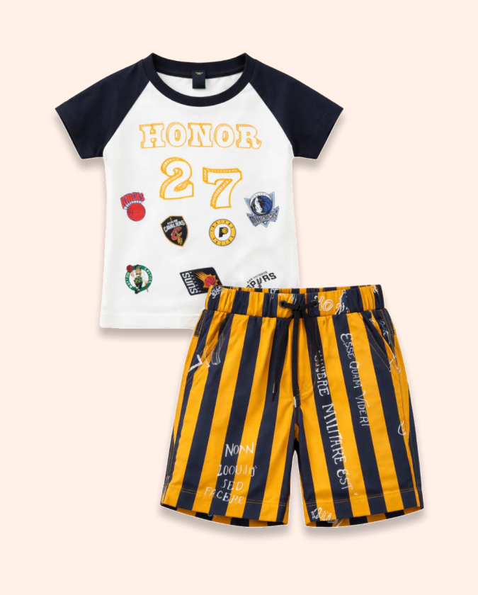 White Graphic T-Shirt & Mustard Striped Shorts Co-ord Set for Boys – Soft Cotton Summer Kids Outfit BloomUp