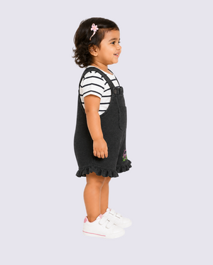 Baby Girls Charcoal Grey Dungaree Romper Set with Striped T-Shirt BloomUp