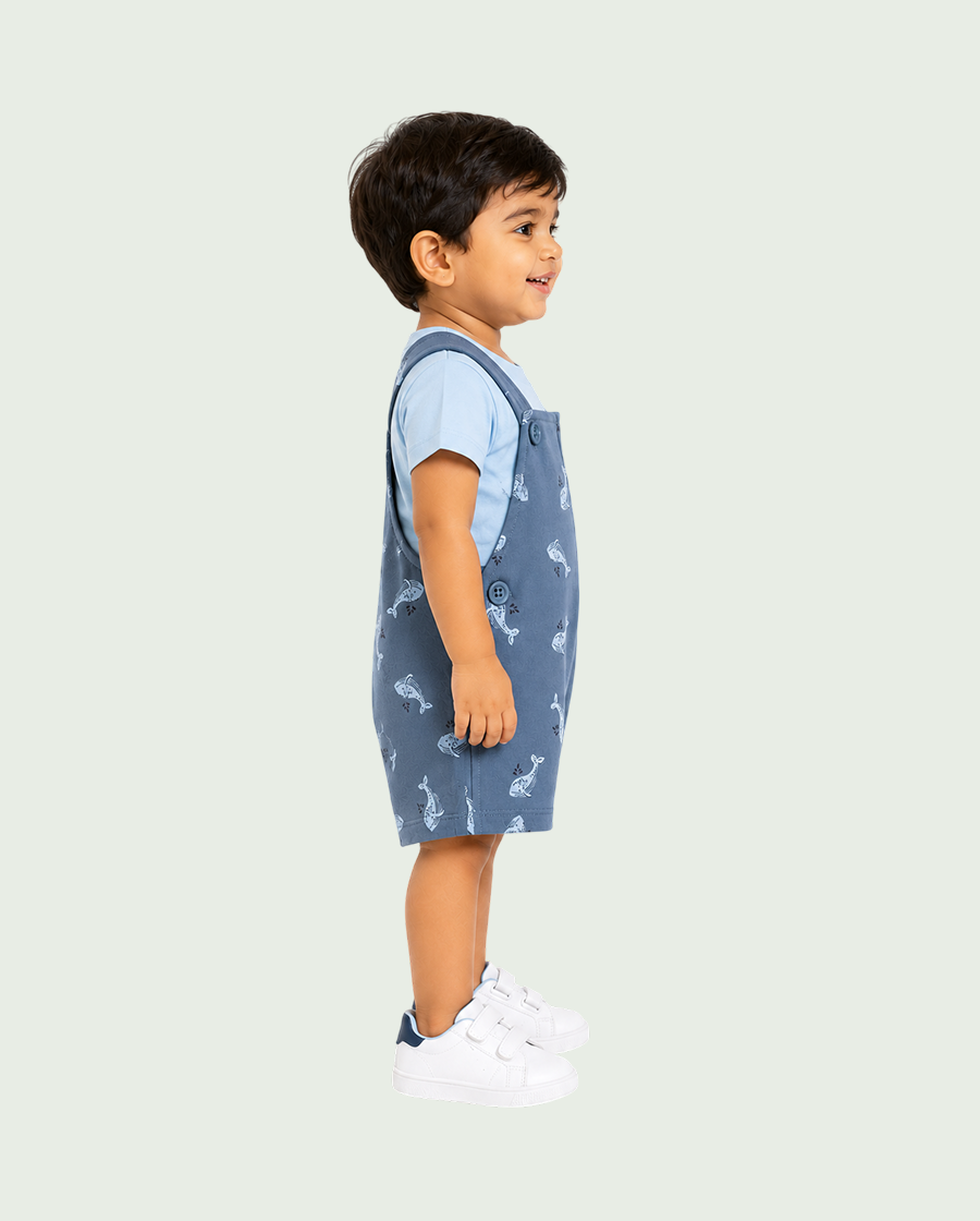 Baby Dusty Blue Whale Print Dungaree Romper Set with T-Shirt BloomUp