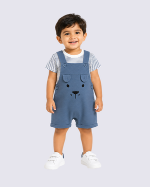 Baby Sky Blue Bear Dungaree Romper Set with Striped T-Shirt BloomUp