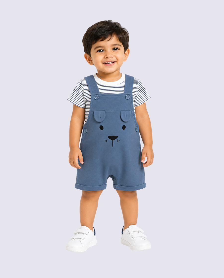 Baby Sky Blue Bear Dungaree Romper Set with Striped T-Shirt BloomUp