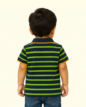 Navy & Green Striped Polo Kids T-Shirt with Graphic Print – Soft Cotton Summer Wear for Boys BloomUp