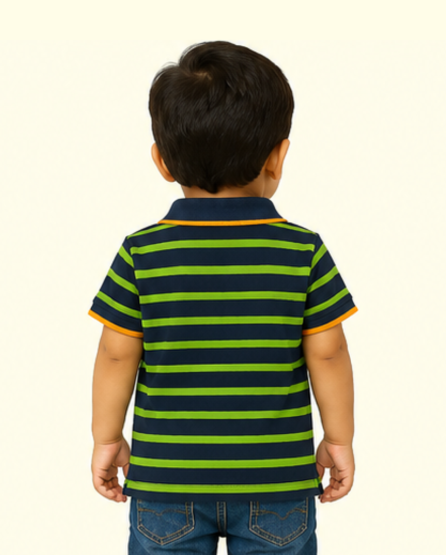 Navy & Green Striped Polo Kids T-Shirt with Graphic Print – Soft Cotton Summer Wear for Boys BloomUp