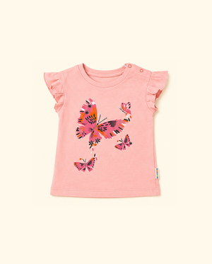 Pink Butterfly Print Kids T-Shirt – Soft Cotton Ruffle Sleeve Summer Wear for Girls BloomUp