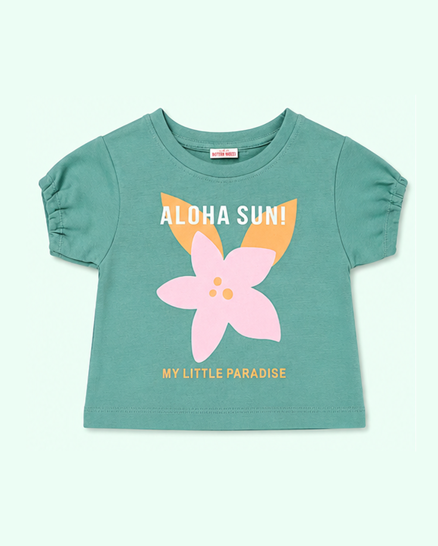 Green Aloha Fun Floral Kids T-Shirt – Soft Cotton Summer Wear Girls Casual Top BloomUp