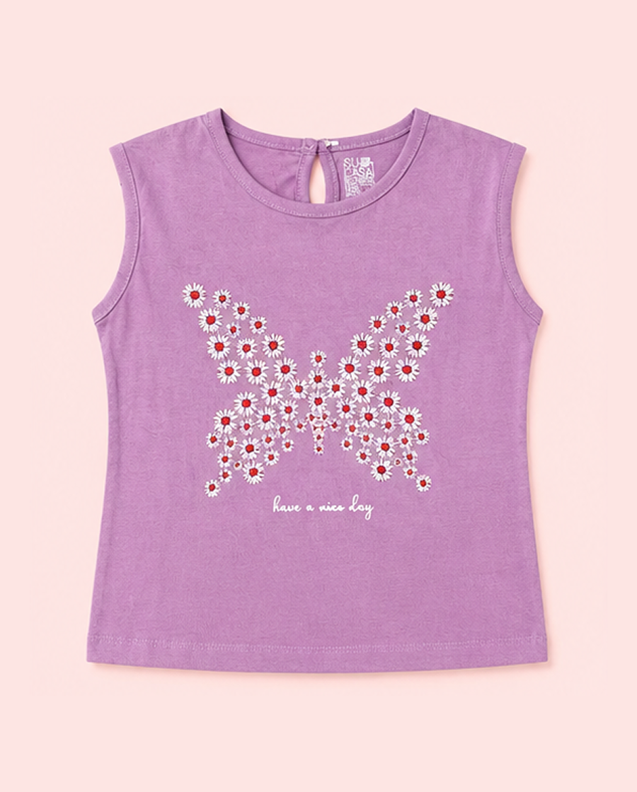 Lavender Floral Butterfly Graphic Sleeveless Top for Girls – Soft Cotton Summer Wear Kids Tank Top BloomUp