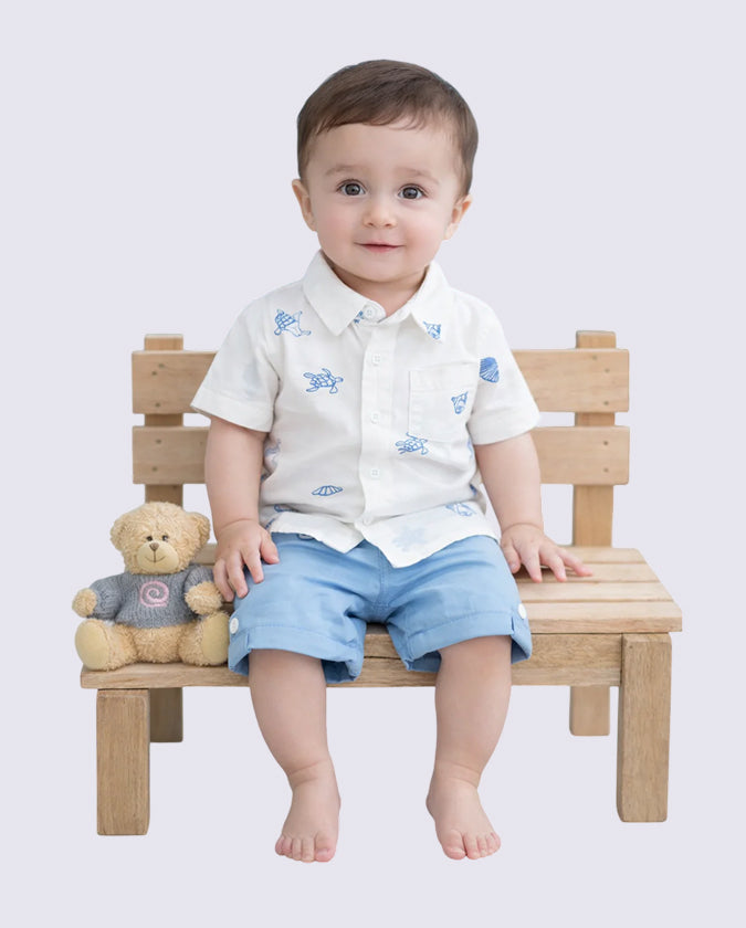White Embroidery Shirt & Blue Shorts Kids Co-ord Set – Soft Cotton Summer Wear for Boys BloomUp