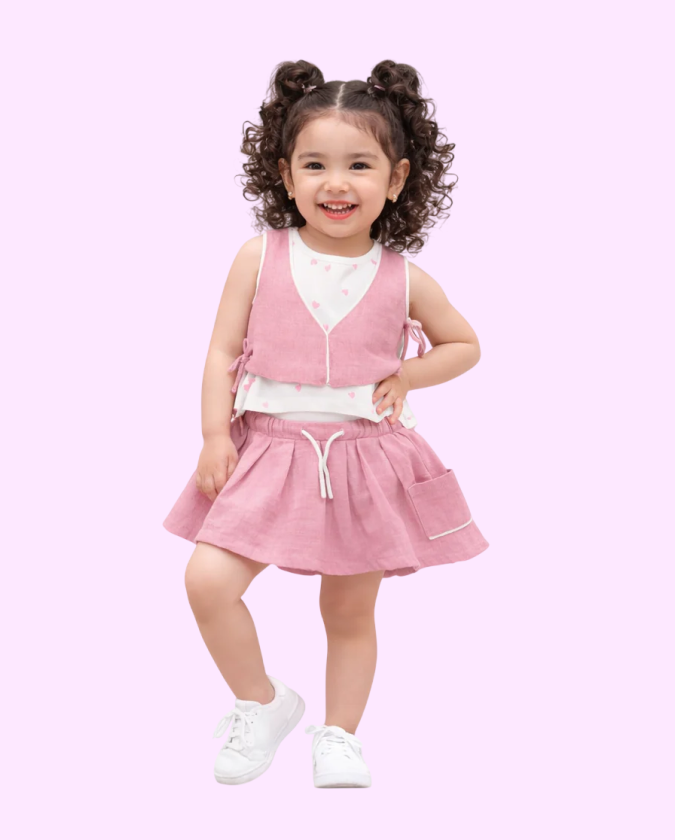 Pink Girls Co-ord Set – Soft Cotton Tie-Up Top & Skirt Summer Outfit BloomUp