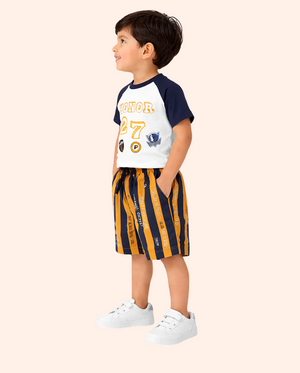 White Graphic T-Shirt & Mustard Striped Shorts Co-ord Set for Boys – Soft Cotton Summer Kids Outfit BloomUp