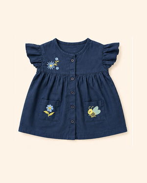 Navy Blue Embroidered Button-Front Kids Dress – Soft Cotton Summer Wear for Girls BloomUp