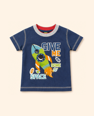 Navy Blue Space Rocket Graphic Kids T-Shirt – Soft Cotton Fun Summer Wear for Boys BloomUp