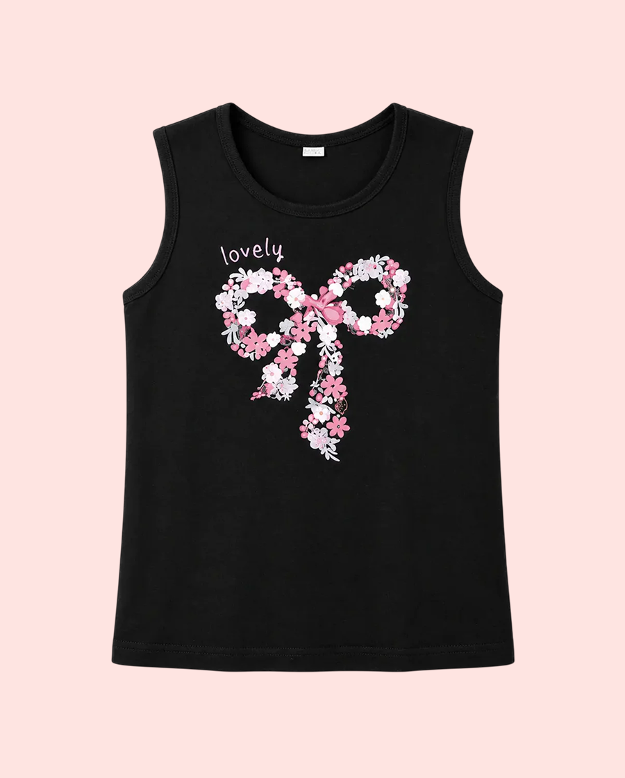 Black Lovely Floral Bow Sleeveless Top for Girls – Soft Cotton Summer Wear Kids Tank Top BloomUp