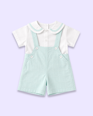 Baby Girls Mint Green Dungaree Shorts Set with Peter Pan Collar Shirt BloomUp
