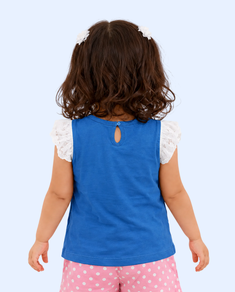 Blue “Love” Graphic Sleeveless Kids T-Shirt – Soft Cotton Ruffle Shoulder Summer Wear for Girls BloomUp