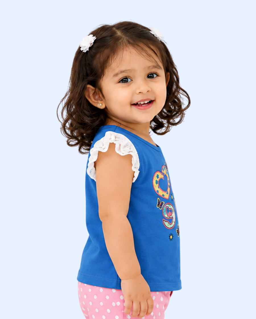 Blue “Love” Graphic Sleeveless Kids T-Shirt – Soft Cotton Ruffle Shoulder Summer Wear for Girls BloomUp