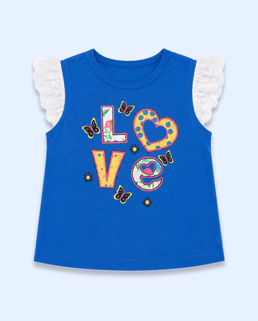 Blue “Love” Graphic Sleeveless Kids T-Shirt – Soft Cotton Ruffle Shoulder Summer Wear for Girls BloomUp