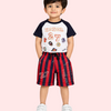 White Graphic T-Shirt & Red Striped Shorts Co-ord Set for Boys – Soft Cotton Summer Kids Outfit