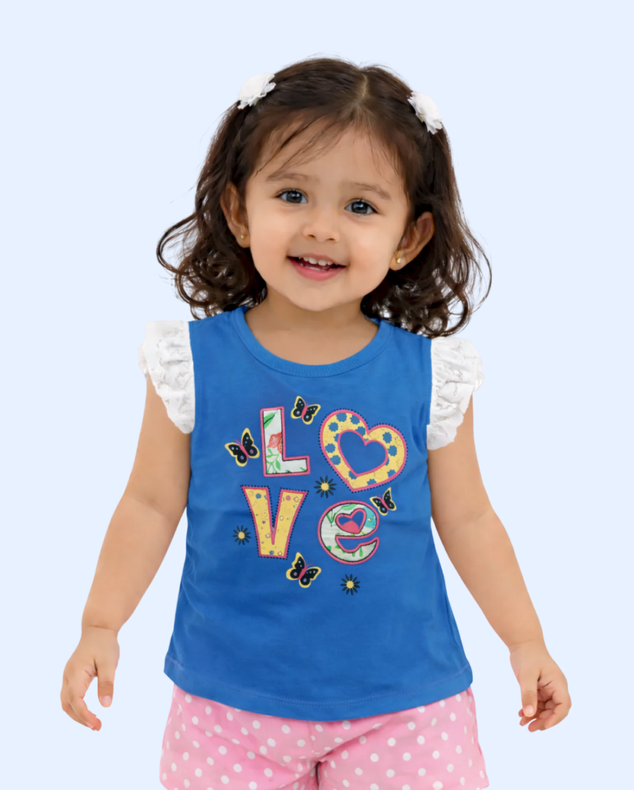 Blue “Love” Graphic Sleeveless Kids T-Shirt – Soft Cotton Ruffle Shoulder Summer Wear for Girls BloomUp