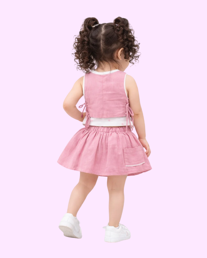Pink Girls Co-ord Set – Soft Cotton Tie-Up Top & Skirt Summer Outfit BloomUp