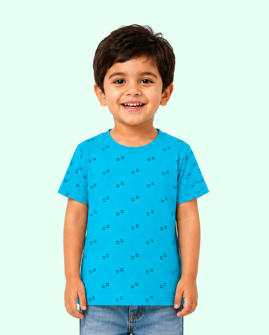 Teal Blue Micro Print Kids T-Shirt – Soft Cotton Casual Summer Wear for Boys BloomUp