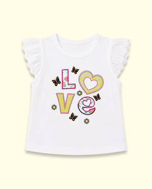 White “Love” Graphic Sleeveless Kids T-Shirt – Soft Cotton Lace Shoulder Summer Wear for Girls BloomUp
