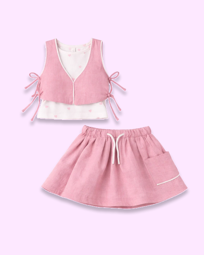 Pink Girls Co-ord Set – Soft Cotton Tie-Up Top & Skirt Summer Outfit BloomUp