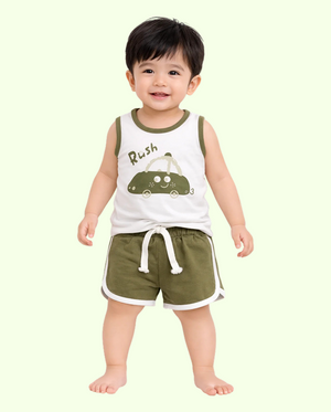 Olive Green Car Print Sleeveless Kids Co-ord Set – Soft Cotton Summer Wear for Boys BloomUp